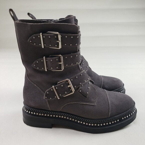 Vince Camuto Bobette Biker Boot Womens 9 Gray Suede Buckles Chunky Combat Stud - Picture 2 of 13